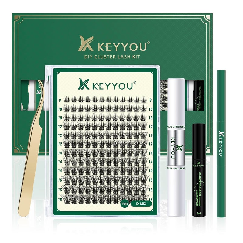 طقم تمديد الرموش DIY KEYYOU 144 قطعة مجموعات رموش مع فرشاة ماسكارا لاصق ومزيل لاصق أدوات تطبيق الرموش فرشاة رموش وسادة تنظيف لتمديد الرموش DIY (طقم Y08)