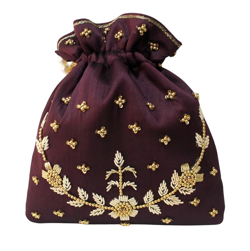 MILAN'S CREATION : Pearl & Zardosi Potli Bag Hand Embroidery Drawstring Potli Women's Handbag Purse With Pearl Handle & Tassel Purse - Image 4