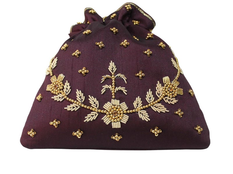 MILAN'S CREATION : Pearl & Zardosi Potli Bag Hand Embroidery Drawstring Potli Women's Handbag Purse With Pearl Handle & Tassel Purse - Image 5