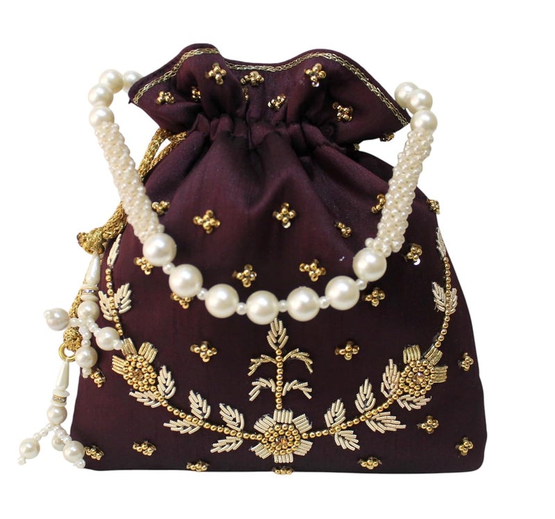 MILAN'S CREATION : Pearl & Zardosi Potli Bag Hand Embroidery Drawstring Potli Women's Handbag Purse With Pearl Handle & Tassel Purse - Image 2