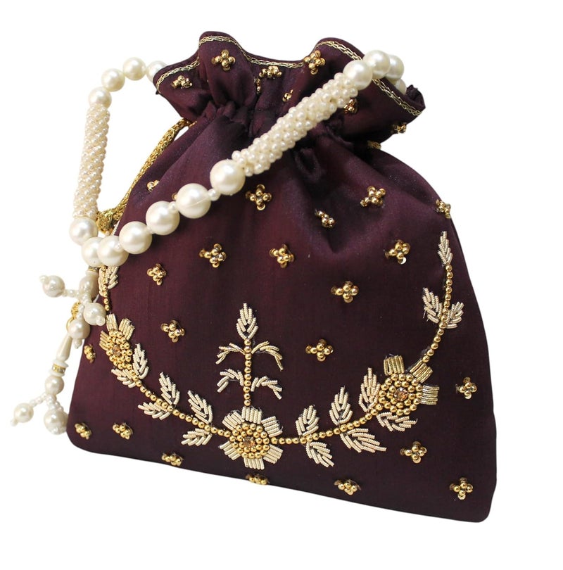 MILAN'S CREATION : Pearl & Zardosi Potli Bag Hand Embroidery Drawstring Potli Women's Handbag Purse With Pearl Handle & Tassel Purse - Image 3