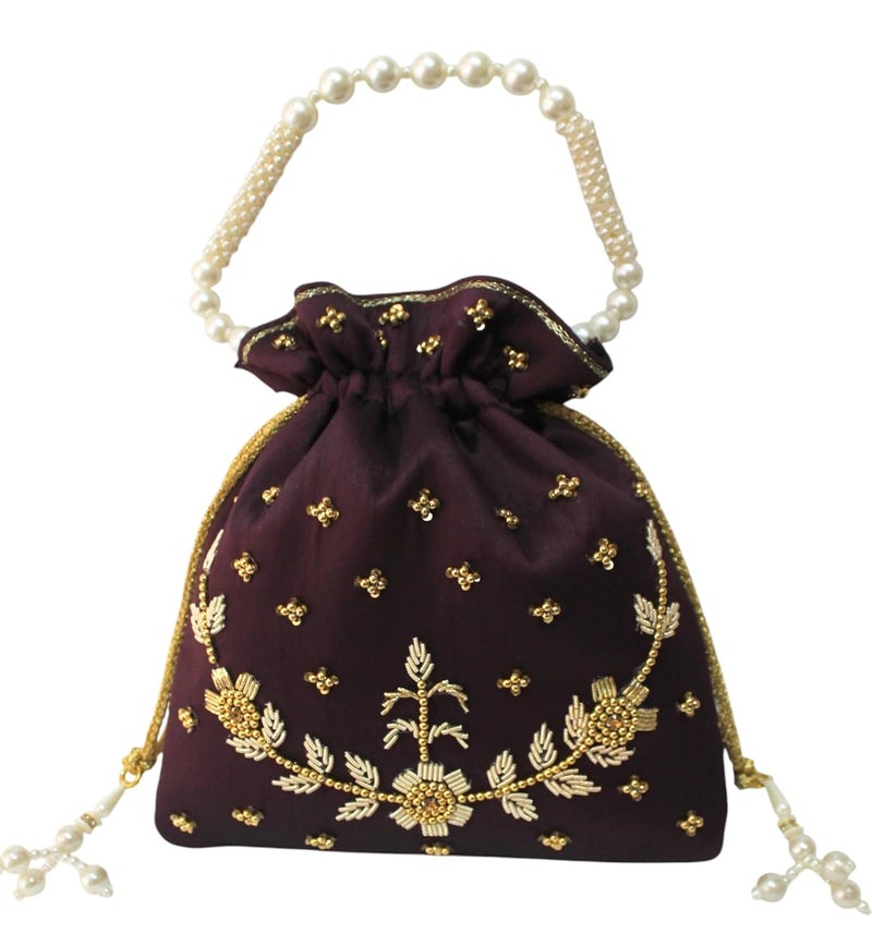 MILAN'S CREATION : Pearl & Zardosi Potli Bag Hand Embroidery Drawstring Potli Women's Handbag Purse With Pearl Handle & Tassel Purse - Image 1