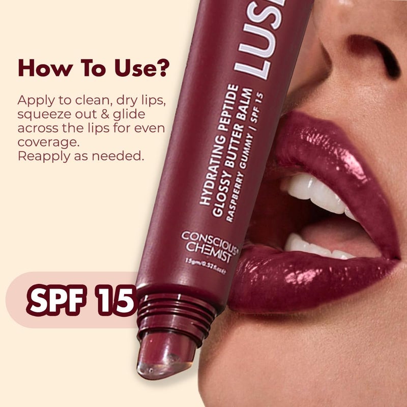 Conscious Chemist Peptide Lip Balm  Lush Lips with SPF15  15g  Raspberry Gummy for Dry  Chapped Lips  24 hr Hydration  Moisturizing Lip Balm for Women  For Pigmentation  Dark Lips  Sun Protection  Soothes Dry Lips  Repair Moisture Barrier - Image 5