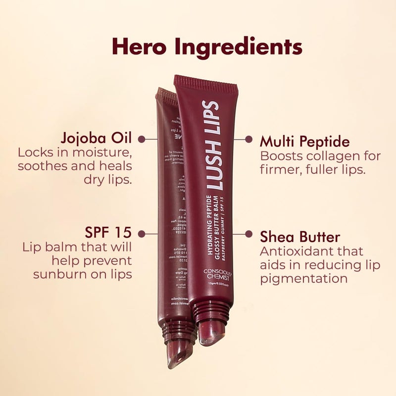 Conscious Chemist Peptide Lip Balm  Lush Lips with SPF15  15g  Raspberry Gummy for Dry  Chapped Lips  24 hr Hydration  Moisturizing Lip Balm for Women  For Pigmentation  Dark Lips  Sun Protection  Soothes Dry Lips  Repair Moisture Barrier - Image 2