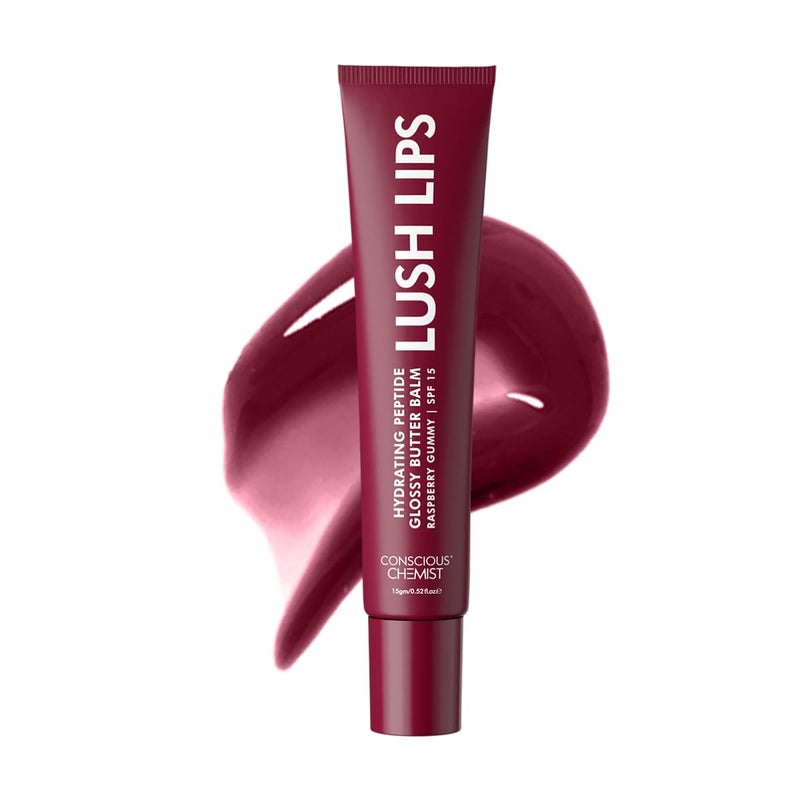 Conscious Chemist Peptide Lip Balm  Lush Lips with SPF15  15g  Raspberry Gummy for Dry  Chapped Lips  24 hr Hydration  Moisturizing Lip Balm for Women  For Pigmentation  Dark Lips  Sun Protection  Soothes Dry Lips  Repair Moisture Barrier - Image 1