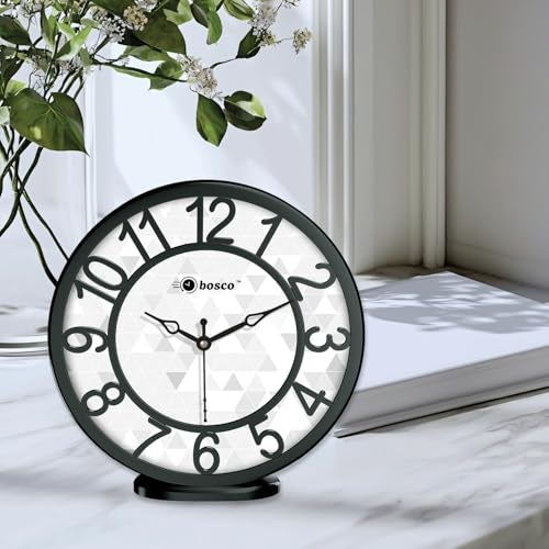 Bosco Modern Non Ticking Silent,Black and White with Decorative Frame 20 CM Table Cum Round Wall Clock for Home, Living Room, Bed Room, Office and Kitchen- BWC-1202 - Image 1