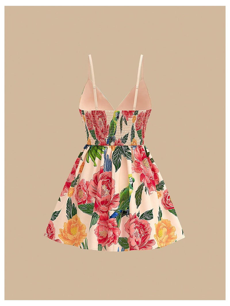 OYOANGLE Women's Floral V Neck Vacation Boho Cami Dress Tropical Hawaiian Beach Dress Ruffle A Line Summer Sundress Multicolor Medium - Image 3