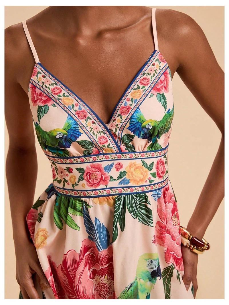 OYOANGLE Women's Floral V Neck Vacation Boho Cami Dress Tropical Hawaiian Beach Dress Ruffle A Line Summer Sundress Multicolor Medium - Image 4