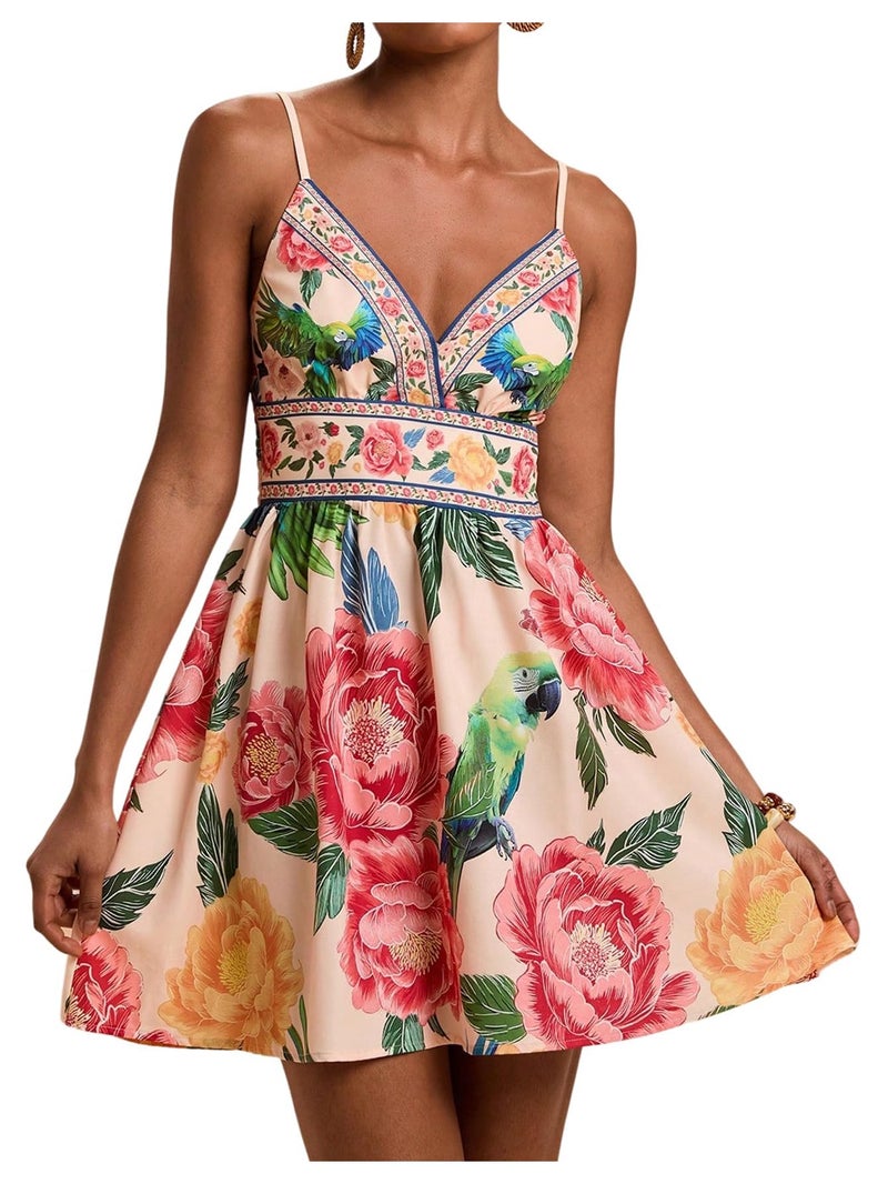 OYOANGLE Women's Floral V Neck Vacation Boho Cami Dress Tropical Hawaiian Beach Dress Ruffle A Line Summer Sundress Multicolor Medium - Image 1