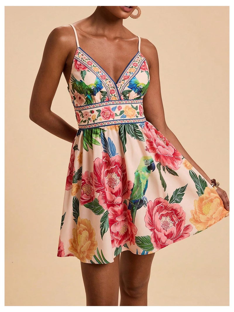 OYOANGLE Women's Floral V Neck Vacation Boho Cami Dress Tropical Hawaiian Beach Dress Ruffle A Line Summer Sundress Multicolor Medium - Image 2
