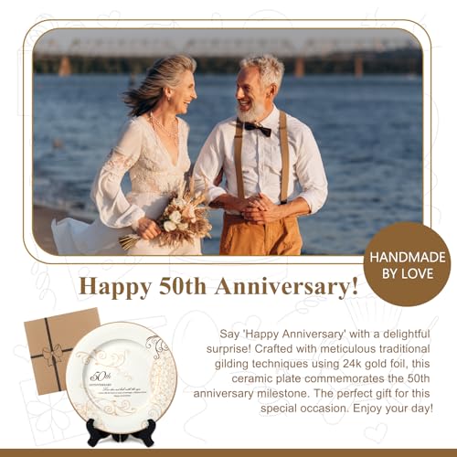 Urllinz 50th Anniversary Wedding Gifts for Couples Parents - 50 Year Marriage Plate with 24k Gold Foil, Golden Keepsake Gift, Ceramic 9 inch - Image 4