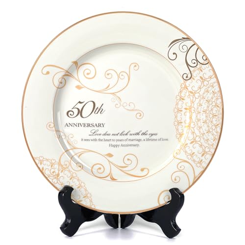 Urllinz 50th Anniversary Wedding Gifts for Couples Parents - 50 Year Marriage Plate with 24k Gold Foil, Golden Keepsake Gift, Ceramic 9 inch - Image 1