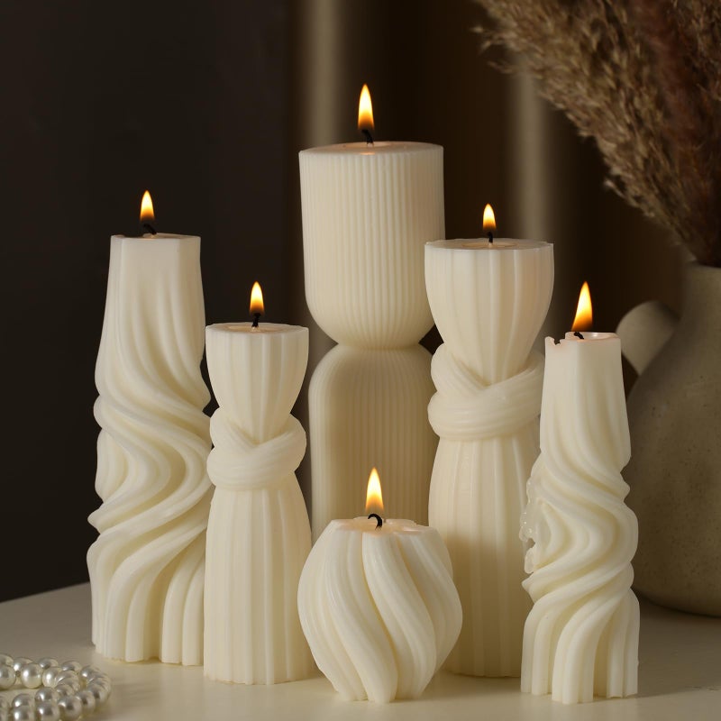 Threlaco 6 Pcs Pillar Candles Modern Aesthetic Ribbed Decorative Candle Set Cute Soy Wax Scented Ribbed Decor for HomeWhite236689 Inch