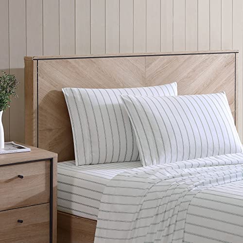 Stone Cottage - Queen Sheets, Cotton Percale Bedding Set, Crisp & Cool Home Decor (Trenton Stripe Green, Queen) - Image 2