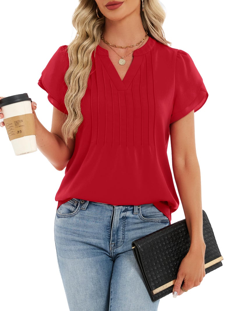 Funlingo Womens Tops Dressy Casual 2026 Short Petal Sleeve Tunic Blouses Spring V Neck Loose Flowy Dress Shirt Elegant Clothes Red L - Image 5