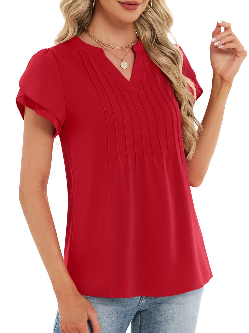 Funlingo Womens Tops Dressy Casual 2026 Short Petal Sleeve Tunic Blouses Spring V Neck Loose Flowy Dress Shirt Elegant Clothes Red L - Image 4