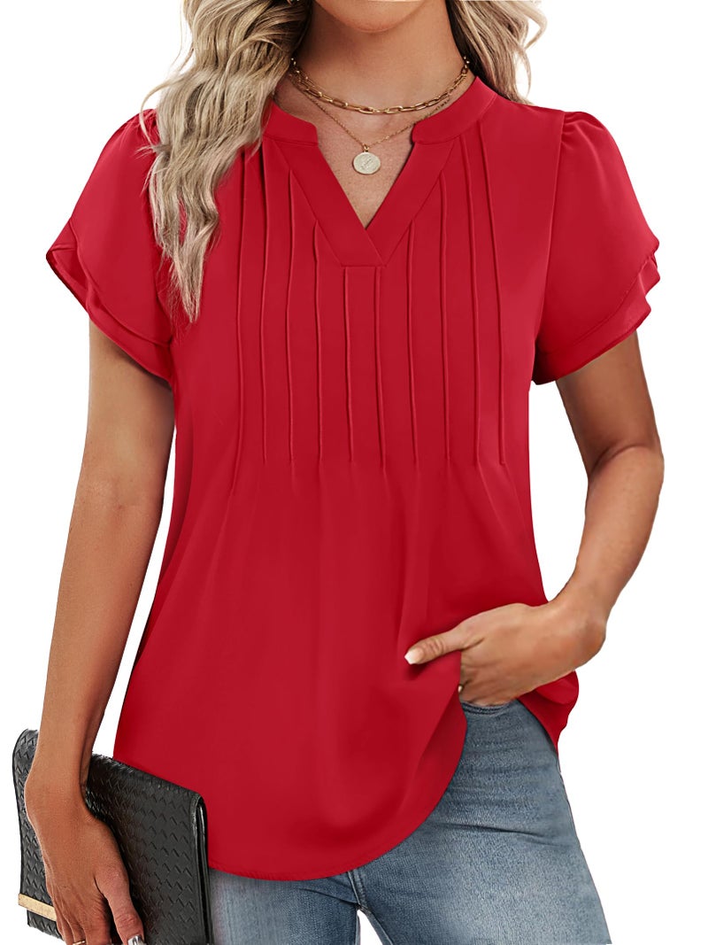 Funlingo Womens Tops Dressy Casual 2026 Short Petal Sleeve Tunic Blouses Spring V Neck Loose Flowy Dress Shirt Elegant Clothes Red L - Image 1