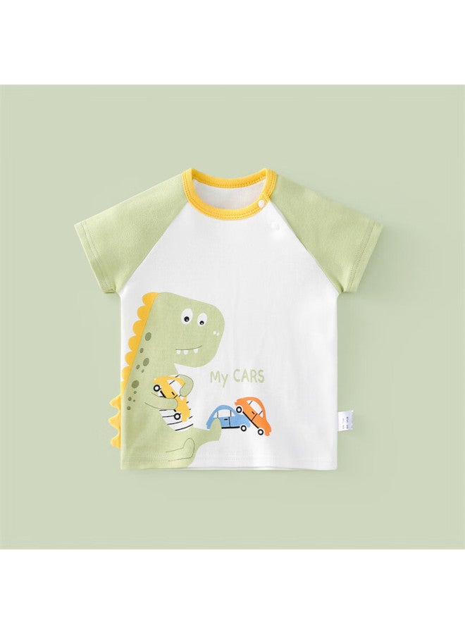 Duoxilu Children'S T-Shirt, Summer Short-Sleeve Top, Breathable And Cute, For Boys And Girls, Undershirt, Light Green Dinosaur Car, Size 100