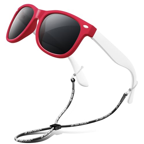 RIVBOS Kids Sunglasses for Girls Boys with Strap Polarized UV Protection Flexible Rubber Shades RBK004-2 Red - Image 1