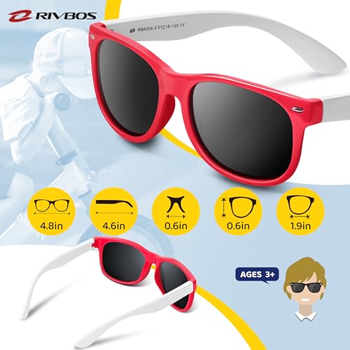 RIVBOS Kids Sunglasses for Girls Boys with Strap Polarized UV Protection Flexible Rubber Shades RBK004-2 Red - Image 5