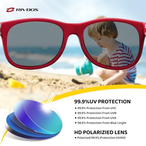 RIVBOS Kids Sunglasses for Girls Boys with Strap Polarized UV Protection Flexible Rubber Shades RBK004-2 Red - Image 3