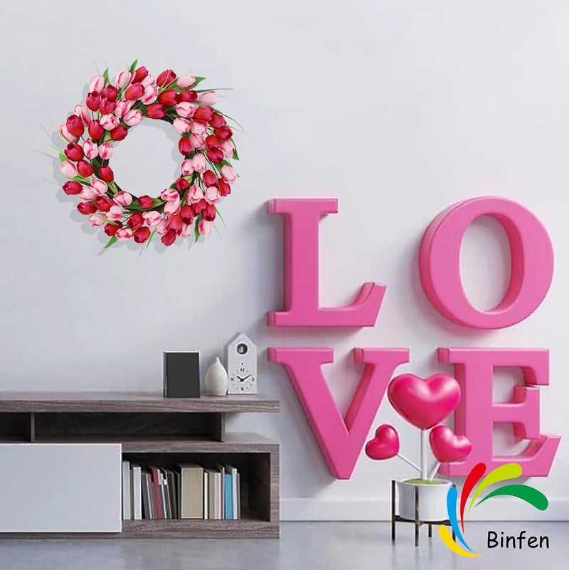 BINFEN 18-20 Inch Valentines Day Wreath â€“ Pink & Red 72pcs Silk Tulip Valentines Door Decor, Outdoor Valentine Wreaths for Front Door Decorations, Romantic Spring Summer Wreath - Image 5