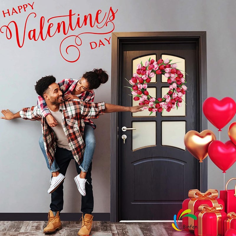 BINFEN 18-20 Inch Valentines Day Wreath â€“ Pink & Red 72pcs Silk Tulip Valentines Door Decor, Outdoor Valentine Wreaths for Front Door Decorations, Romantic Spring Summer Wreath - Image 3