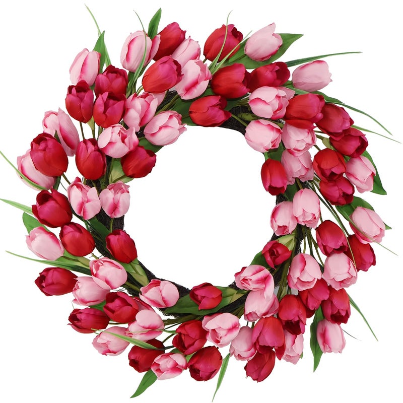 BINFEN 18-20 Inch Valentines Day Wreath â€“ Pink & Red 72pcs Silk Tulip Valentines Door Decor, Outdoor Valentine Wreaths for Front Door Decorations, Romantic Spring Summer Wreath - Image 1