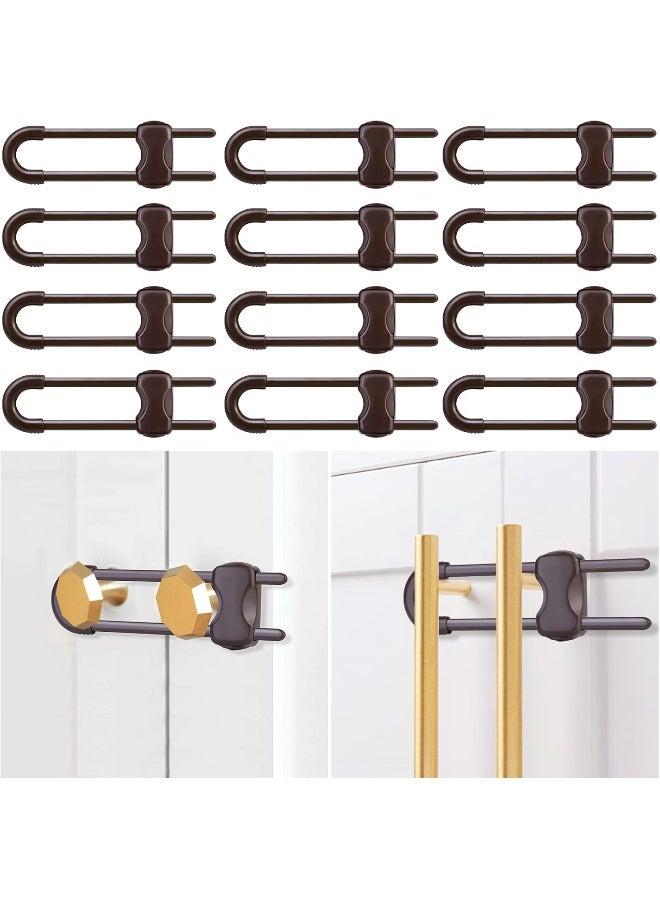 Modacraft 12 Packs Baby Proofing Sliding Cabinet Locks U-Shaped Child Safety Latches Adjustable White Locks for Handles Knobs Drawers Closet Cupboard - Brown - Image 1