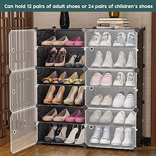 Zemic 12-Shelf DIY Plastic Shoe Rack with 6 Doors, Modern Style, Black, Heavy Duty, Waterproof, Adjustable, Portable - Image 2