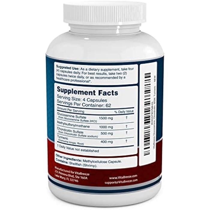 VitaBreeze Glucosamine Chondroitin, MSM & Turmeric Dietary Supplement - 248 Capsules - Image 2