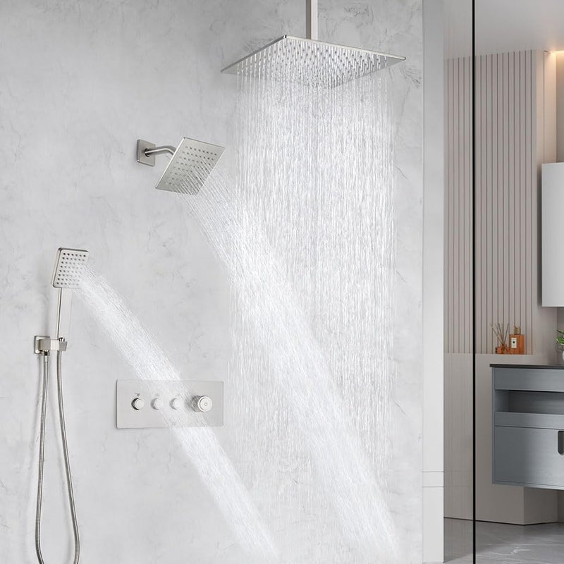 POP SANITARYWARE مجموعة حنفية دش أسود بنيكل مصقول، نظام دش مطري للحمام، رأس دش مثبت على السقف 12 بوصة مع رأس دش مثبت على الحائط 6 بوصة ودش يدوي، تشمل صمام الدش ومجموعة التشذيب - Image 2