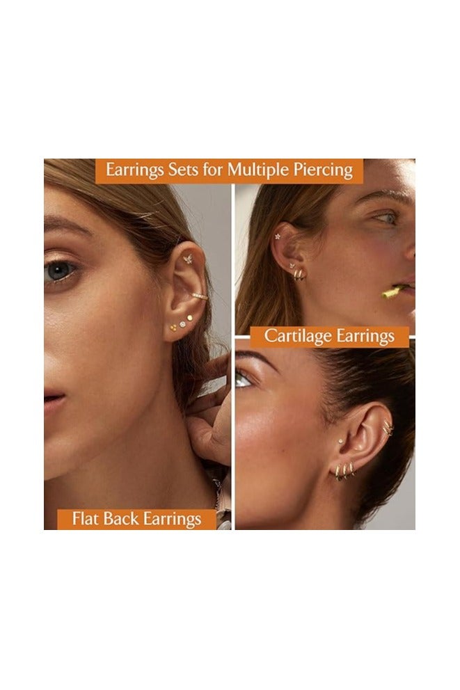 خاجول 12 زوجًا من الأقراط المصنوعة من الفولاذ المقاوم للصدأ المضاد للحساسية، مجموعة ستود وطوق مطلي بالذهب لثقوب متعددة في الغضروف - Image 4