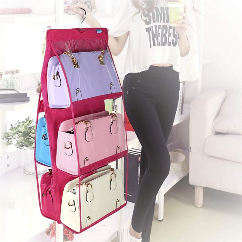 HUEX Foldable 6 Pocket Hanging Purse Handbag Large Clear Organizer Wardrobe Closet for Storage Ladies Women Black Black - Image 2