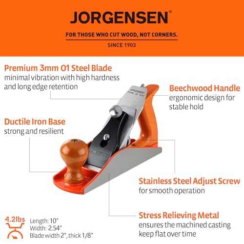 JORGENSEN No.4 10" Wood Planer, Hand Planer for Woodworking, Professional Smoothing Plane for Trimming, Craft - Hand Plane with Ductile Iron Body, Adjustable Cutting Depth - Image 2