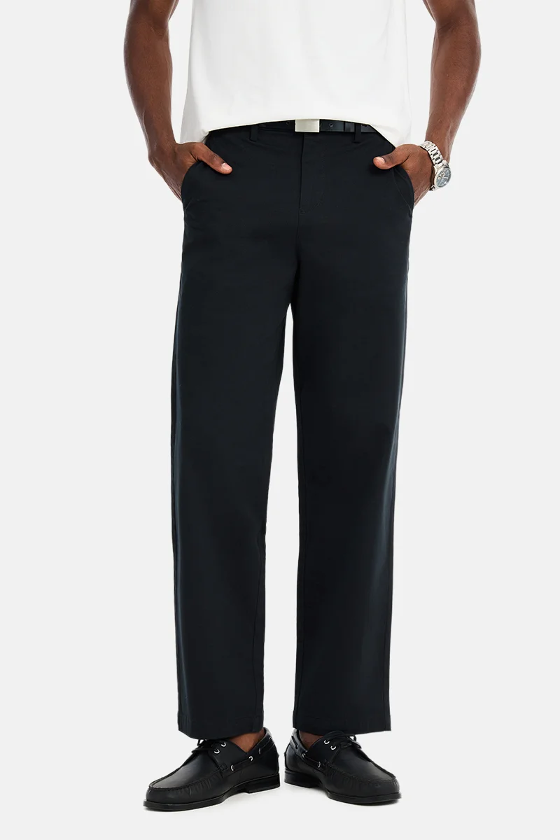 SNITCH Black Solid Wide Leg Streetwear Chinos