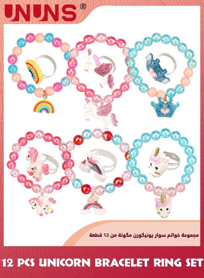 UNUNS Kids' Play Bracelets,12 Pieces Unicorn Bracelet Ring Set,Girls Bracelets Shiny Rainbow Unicorn Crown Beaded,Colorful Adjustable Jewel Rings,Pretend Play Dress Up Toy For Birthday Party Favors  - Image 1