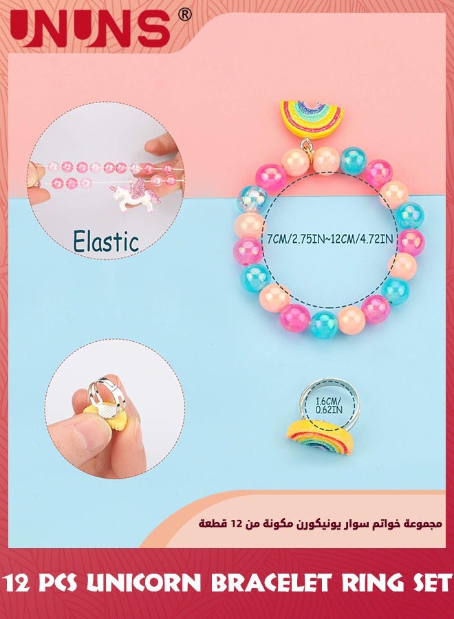 UNUNS Kids' Play Bracelets,12 Pieces Unicorn Bracelet Ring Set,Girls Bracelets Shiny Rainbow Unicorn Crown Beaded,Colorful Adjustable Jewel Rings,Pretend Play Dress Up Toy For Birthday Party Favors  - Image 2