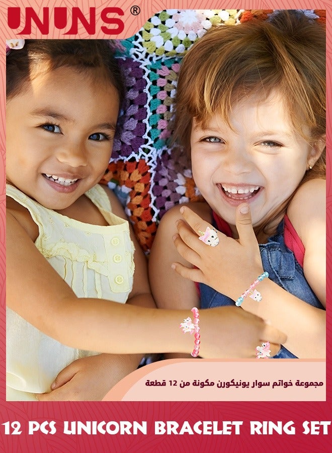 UNUNS Kids' Play Bracelets,12 Pieces Unicorn Bracelet Ring Set,Girls Bracelets Shiny Rainbow Unicorn Crown Beaded,Colorful Adjustable Jewel Rings,Pretend Play Dress Up Toy For Birthday Party Favors  - Image 3