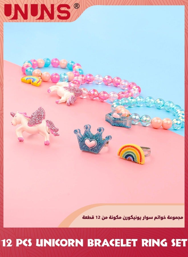 UNUNS Kids' Play Bracelets,12 Pieces Unicorn Bracelet Ring Set,Girls Bracelets Shiny Rainbow Unicorn Crown Beaded,Colorful Adjustable Jewel Rings,Pretend Play Dress Up Toy For Birthday Party Favors  - Image 5