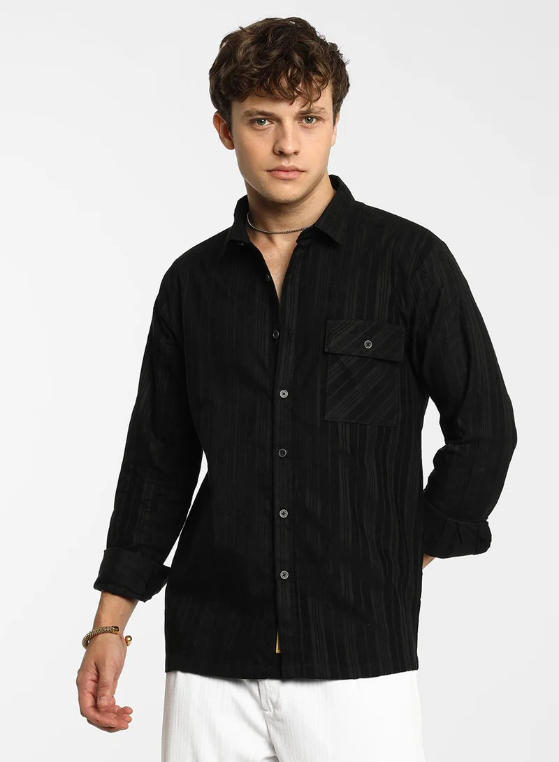 كامبوس سوترا Men's Midnight Black Multitrack-Striped Shirt For Casual Wear | Spread Collar | Long Sleeve | Button Closure | Shirt Crafted With Comfort Fit For Everyday Wear