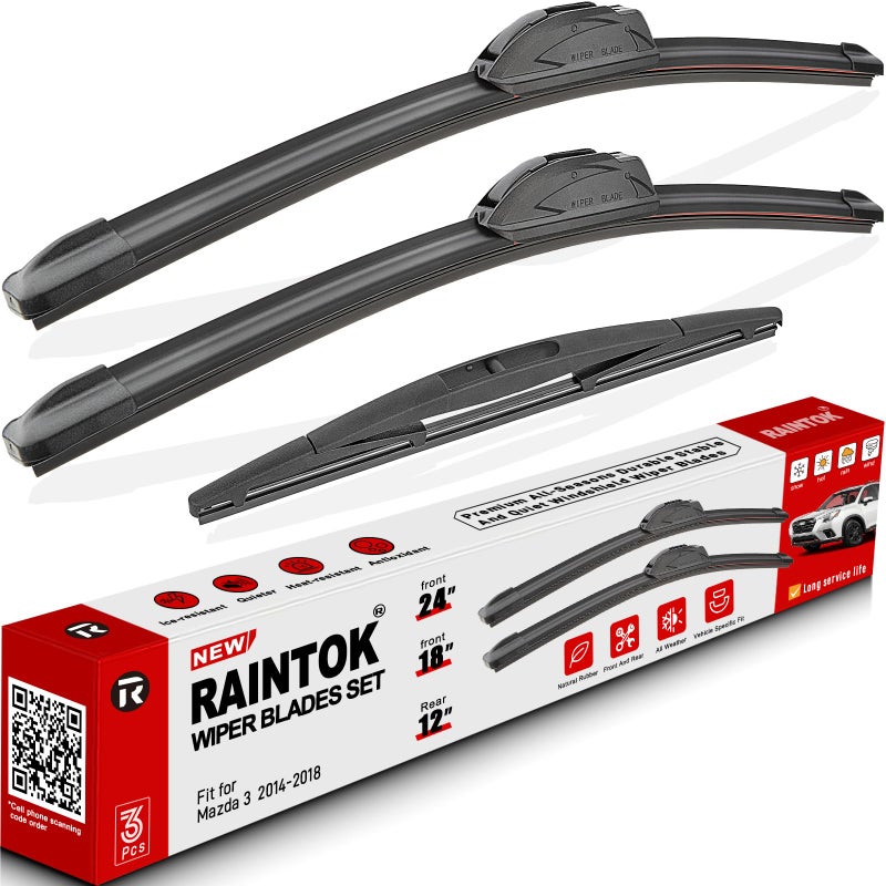 RAINTOK Windshield Wiper Blades Replacement for 2014 2015 2016 2017 2018 Mazda 3 Original Factory Quality Front Rear Wipers Blade Set for Car  24 18 12 Piece of 3