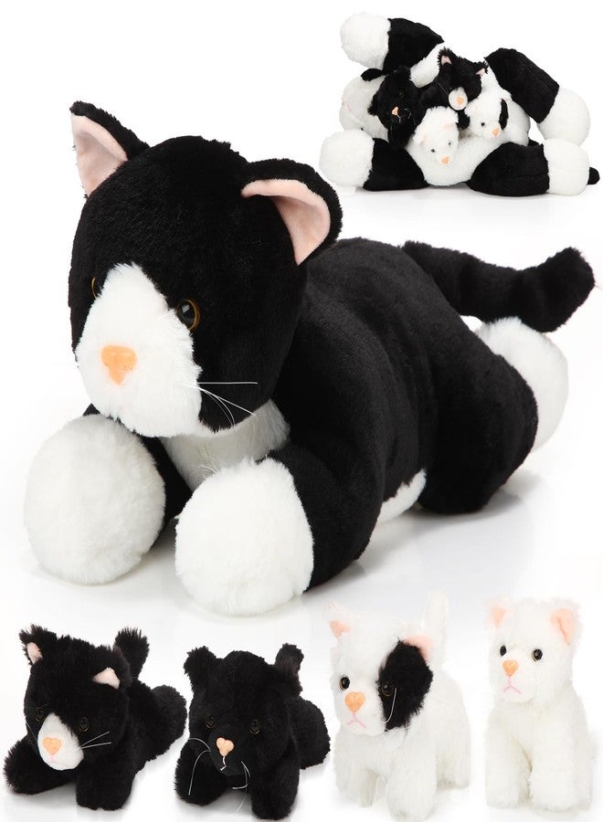 Skylety 5 Pieces Cat Stuffed Animal With Babies Inside Mommy 4 Cute Fluffy Plush Kittens In Cat'S Belly Nurturing Huggable Sleeping Birthday Surprise Gifts(Black, White) - Image 1
