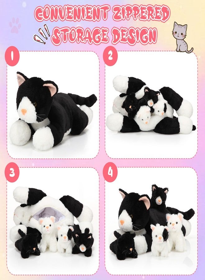 Skylety 5 Pieces Cat Stuffed Animal With Babies Inside Mommy 4 Cute Fluffy Plush Kittens In Cat'S Belly Nurturing Huggable Sleeping Birthday Surprise Gifts(Black, White) - Image 3
