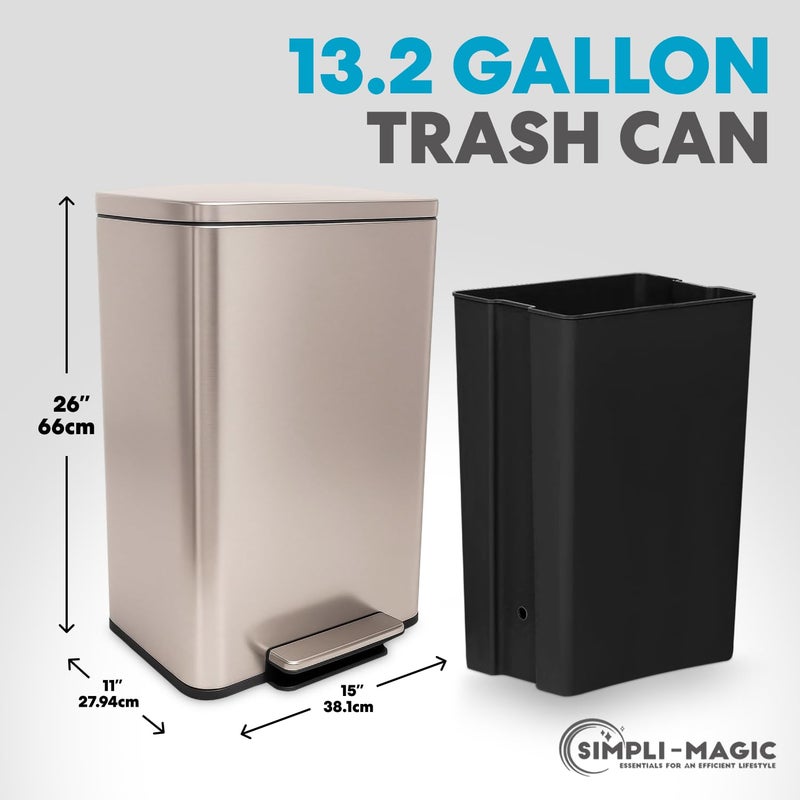 Simpli-Magic 13.2 Gallon (50L) Step Trash Can â€“ Kitchen Garbage Can with Slow-Close Lid â€“ Odor Control, Hands-Free, Easy to Clean, Brushed Stainless Steel (Rose Gold) - Image 2