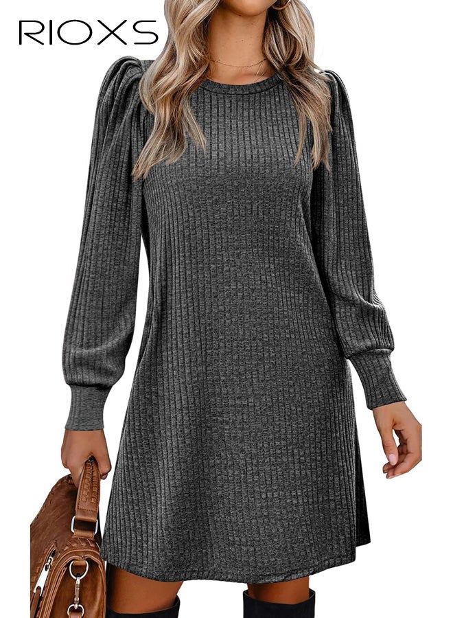 RIOXS Women's Long Sleeve Round Neck Knit Mini Dress, Loose Fit A-line Lantern Sleeve Casual Tunic Dress for Ladies, Soft Breathable Pullover Knit Sweater Dress, Fall and Winter Long Sleeve Dress for Dating, Wedding, Night Out, Vacation and More, Grey - Image 2
