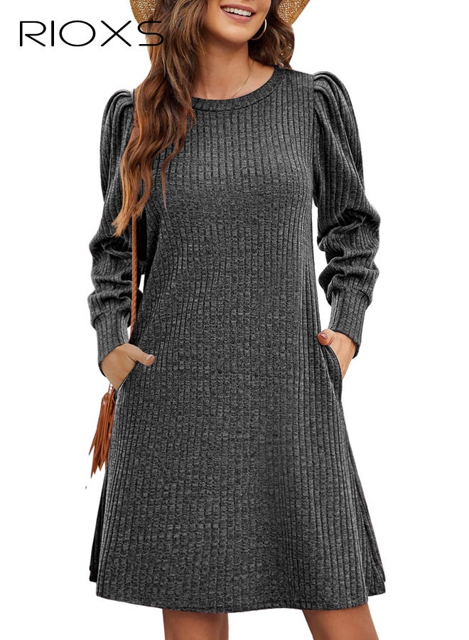 RIOXS Women's Long Sleeve Round Neck Knit Mini Dress, Loose Fit A-line Lantern Sleeve Casual Tunic Dress for Ladies, Soft Breathable Pullover Knit Sweater Dress, Fall and Winter Long Sleeve Dress for Dating, Wedding, Night Out, Vacation and More, Grey - Image 3