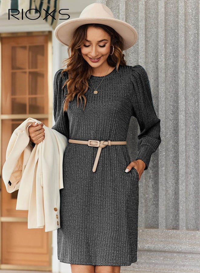 RIOXS Women's Long Sleeve Round Neck Knit Mini Dress, Loose Fit A-line Lantern Sleeve Casual Tunic Dress for Ladies, Soft Breathable Pullover Knit Sweater Dress, Fall and Winter Long Sleeve Dress for Dating, Wedding, Night Out, Vacation and More, Grey - Image 1