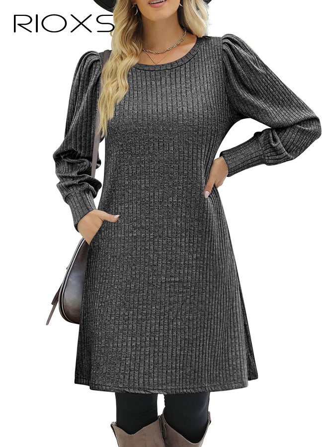 RIOXS Women's Long Sleeve Round Neck Knit Mini Dress, Loose Fit A-line Lantern Sleeve Casual Tunic Dress for Ladies, Soft Breathable Pullover Knit Sweater Dress, Fall and Winter Long Sleeve Dress for Dating, Wedding, Night Out, Vacation and More, Grey - Image 4