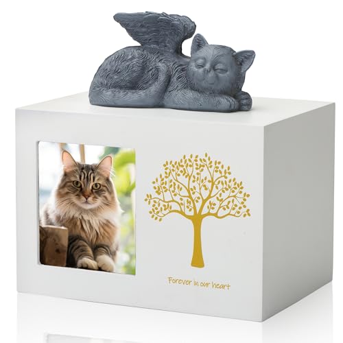 DiDiBirDi Cat Urns for Ashes, Tree Pattern Wooden Keepsake with Photo Frame, Pet Urn Memory Box with Resin Animal Statue and Sealed Storage Bags (75lbs)（White） - Image 1